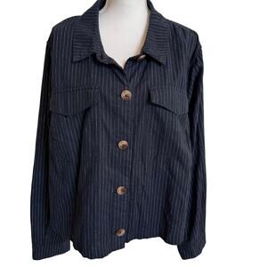 Lane Bryant Cropped Shirt Jacket Size 24/3X Navy White Pinstripes Cotton/Linen